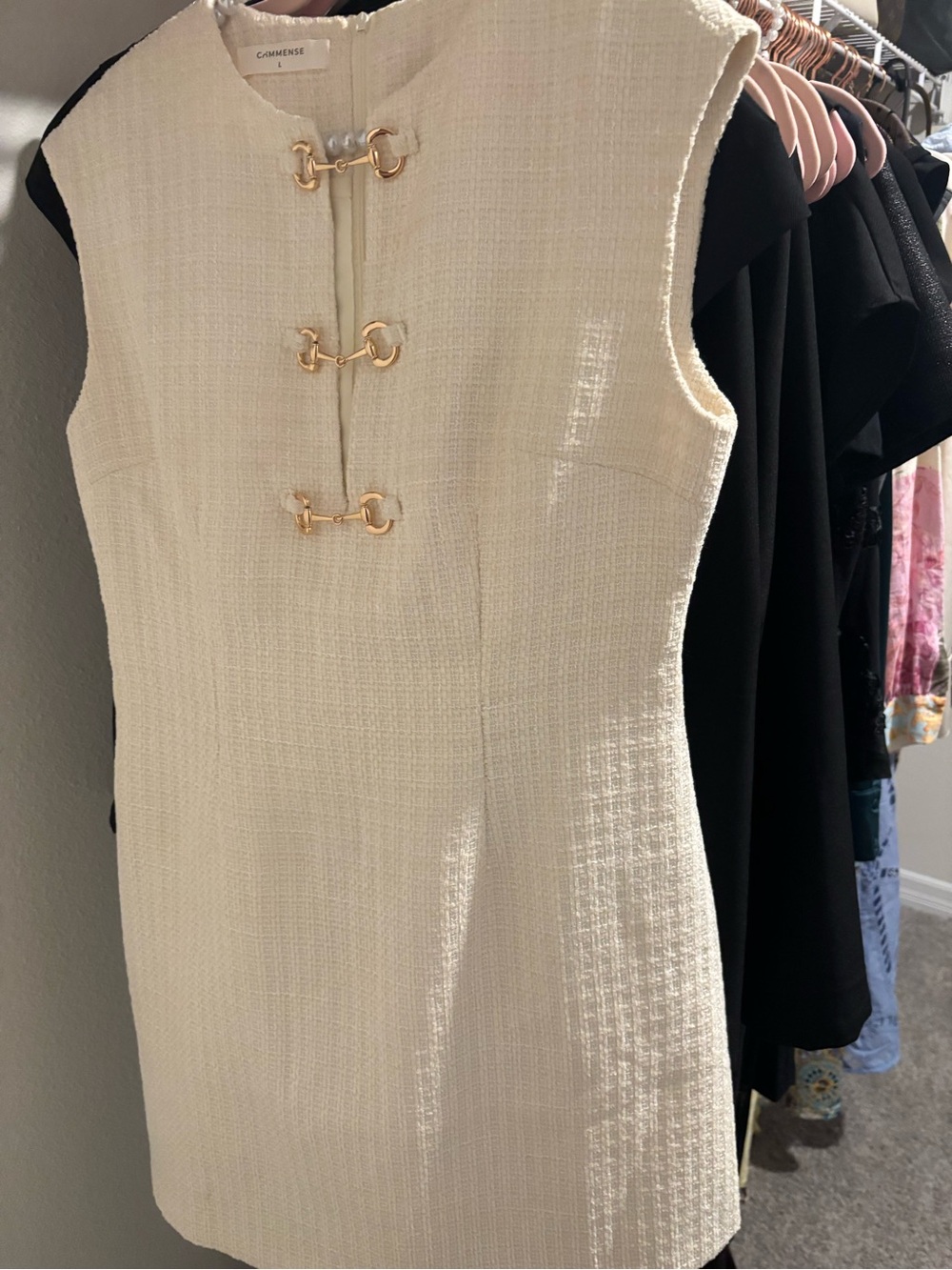 Commense Cream Tweed Mini Dress with Gold Buckle Details - Picture 2 of 3